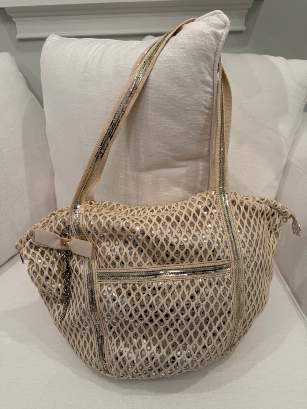 Nine West Beige Sequin Mesh Tote with Bow Accent